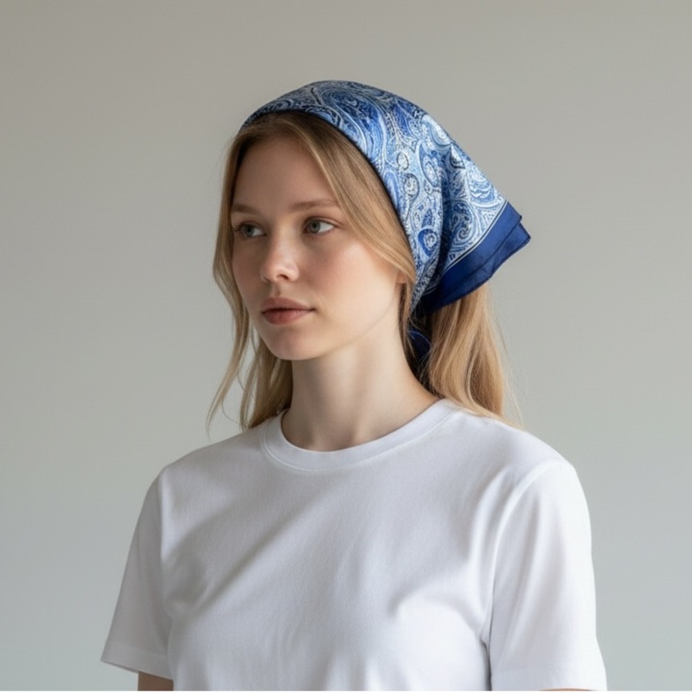 Blue Satin Patterned Hair Scarf